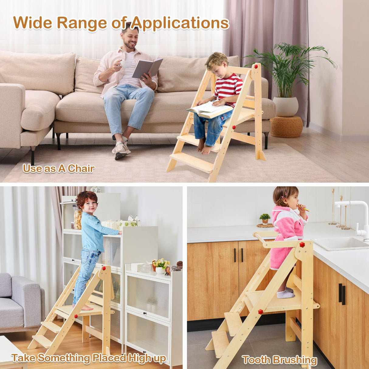 Foldable Toddler Tower with Safety Rails, 3-Level Adjustable Height Standing Kitchen Stool Helper with Safety Feet, Montessori Learning Tower for Toddlers Aged 1-6，Natural Cheete