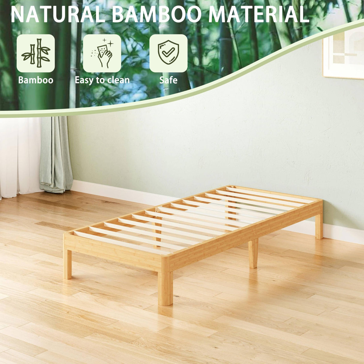 ZIYOO 12 Inch Twin Size Natural Bamboo Platform Bed Frame, Modern Minimalist Design, Easy Assembly, Heavy Duty Support, No Box Spring Needed ZIYOO