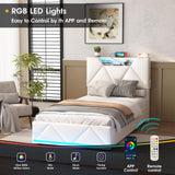 Vabches Twin Bed Frame with Storage Headboard and 4 Drawers,Upholstered Platform with Charging Station and Led Lights,Adjustable Headboard,No Box Spring Needed,Beige Vabches