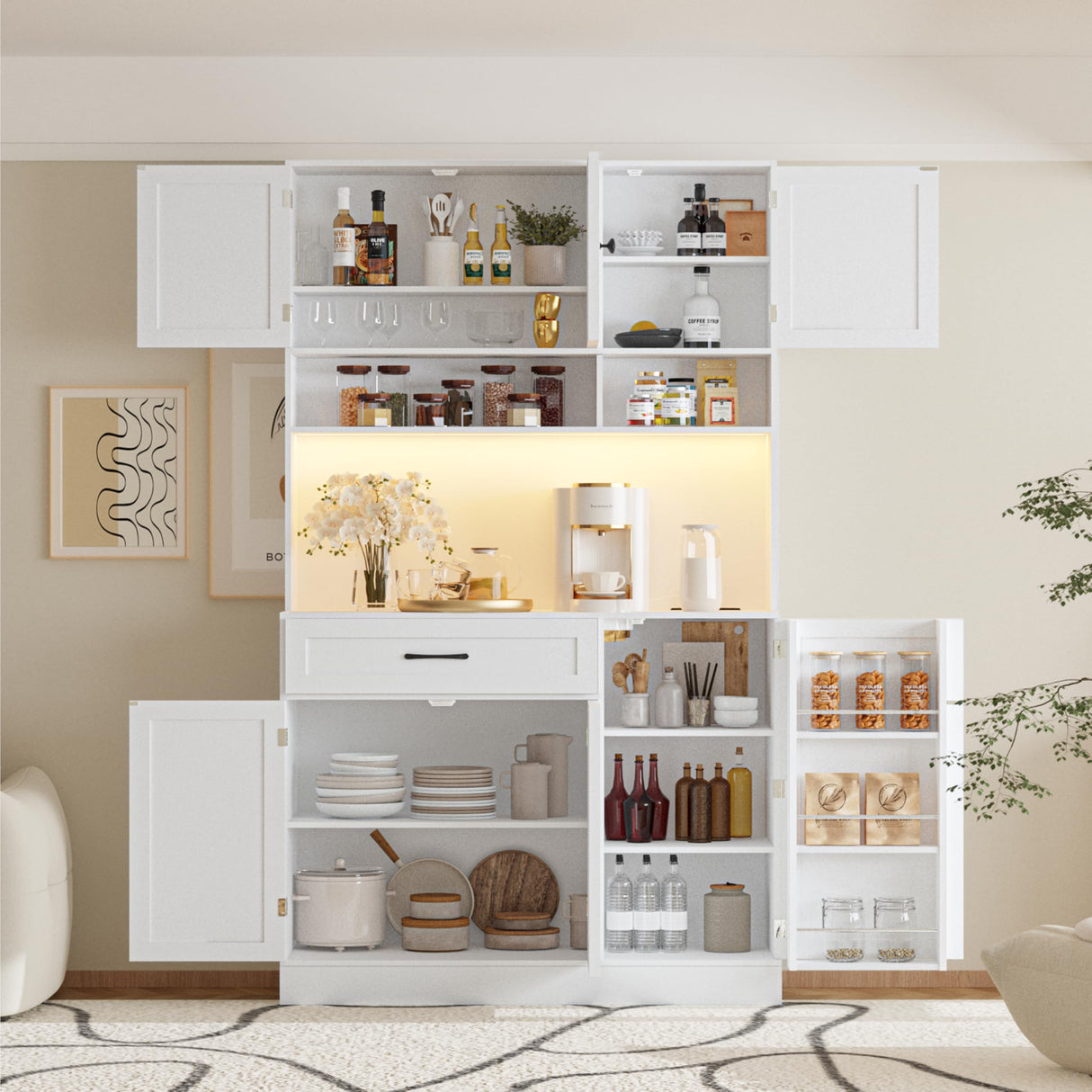 FJTJBSI 72" Kitchen Pantry Cabinet with Charging Station and LED Light Tall Pantry Storage Cabinet with Adjustable Shelves Freestanding Kitchen Hutch with Countertop for Dining Room White FJTJBSI