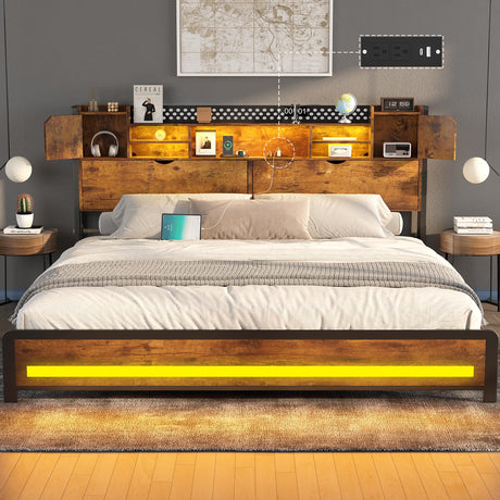 CSZZD King Size LED Bed Frame with USB Charging Station and Multi-functional Storage Headboard, Vintage Brown CSZZD