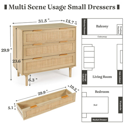 HOPUBUY 3 Drawer Dresser Set of 2 for Bedroom, Oak Rattan Dresser Closet Dressers Chest of Drawers, Light Wood Dresser 3 Drawer Storage Chest for