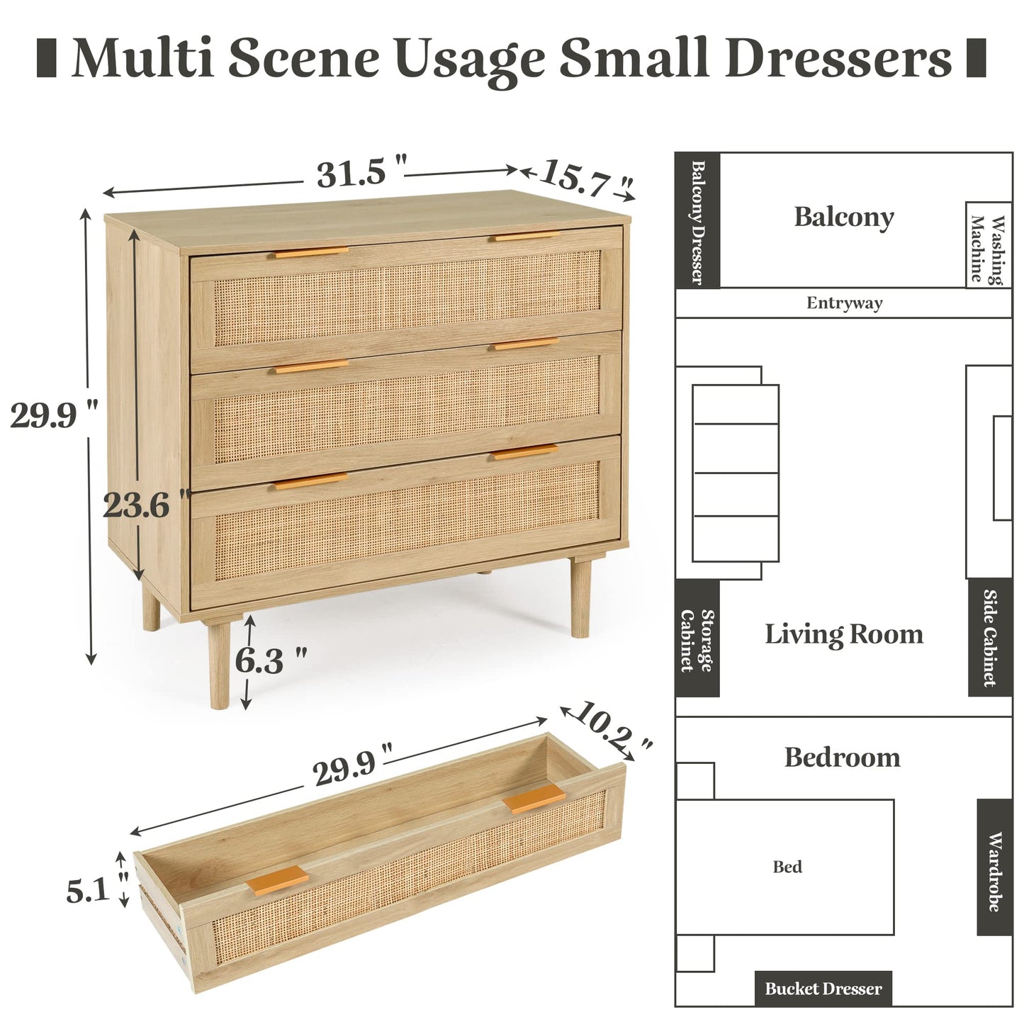 HOPUBUY 3 Drawer Dresser for Bedroom, Oak Rattan Dresser Closet Dressers Chest of Drawers, Light Wood Dresser 3 Drawer Storage Chest for Bedroom, Hallway, Living Room - WoodArtSupply