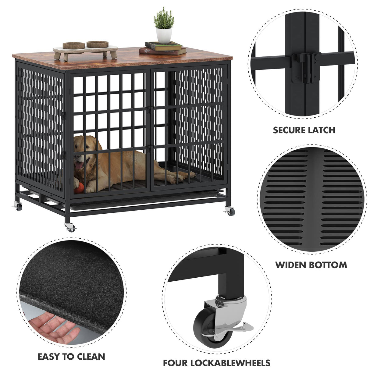 Indestructible Dog Crate, BOINN 42 inch Heavy Duty Extra Large Dog Crate Furniture for Large Medium Dog with Removable Trays, 3 Door, 4 Lockable Wheels & 5 Locks, XL Dog Kennel Furniture Indoor BOINN