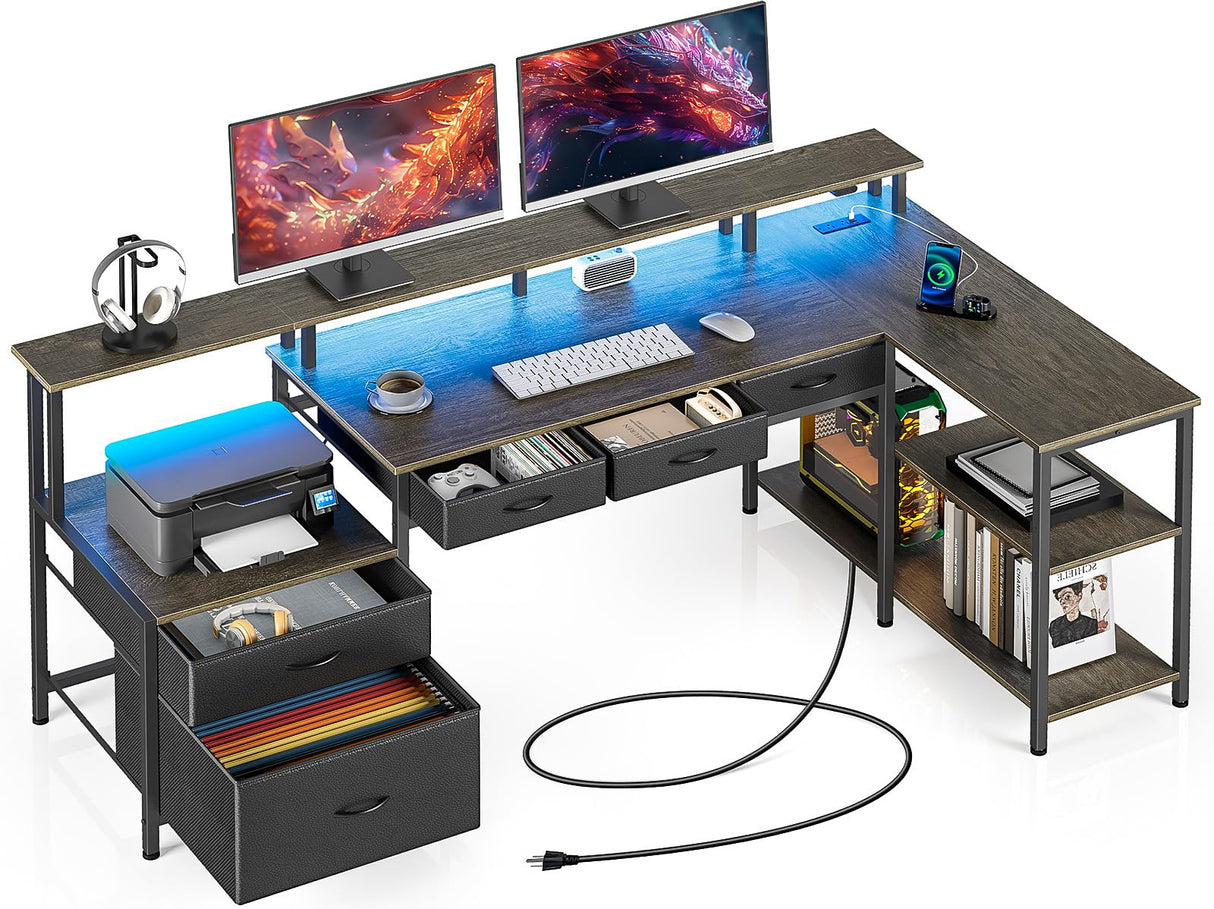 Seventable L Shaped Desk with File Drawers, 64" Home Office Desk with Power Outlet & LED Lights, Reversible Gaming Desk with Printer Storage Shelves, Corner Computer Desk with Monitor Stands, Grey Seventable