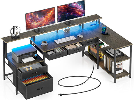 Seventable L Shaped Desk with File Drawers, 64" Home Office Desk with Power Outlet & LED Lights, Reversible Gaming Desk with Printer Storage Shelves, Corner Computer Desk with Monitor Stands, Grey Seventable