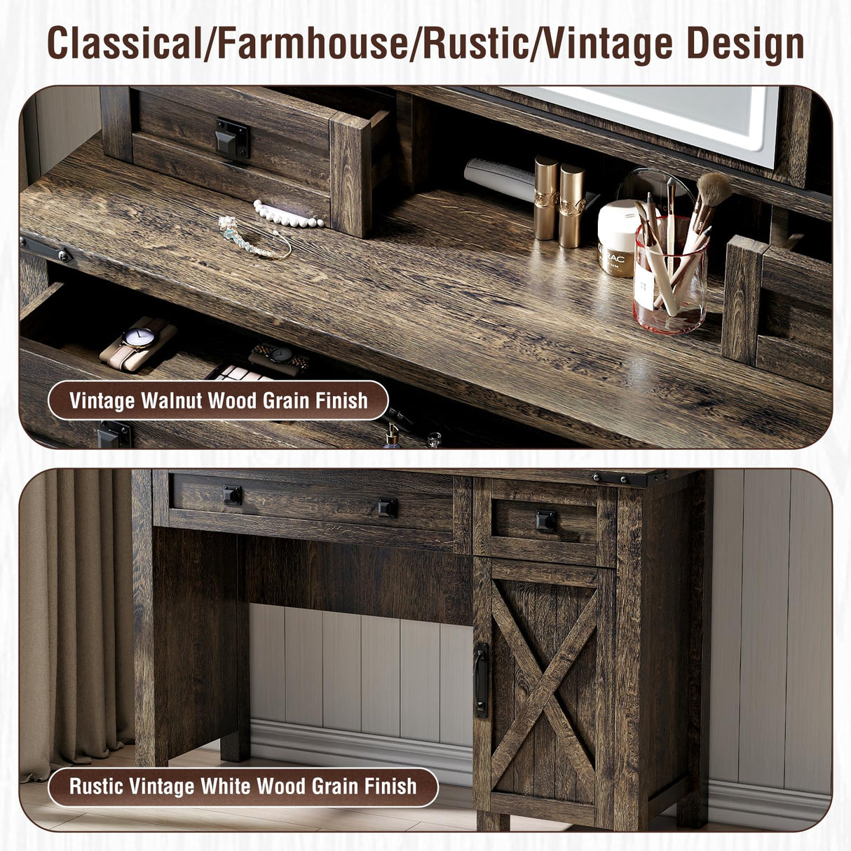 Captain Winters 42.13'' Farmhouse Makeup Vanity Desk with Sliding HD Mirror and Lights, Makeup Vanity with 4 Drawers & Cabinet, Farmhouse Vanity for Bedroom,Dark Barnwood Grey Captain Winters