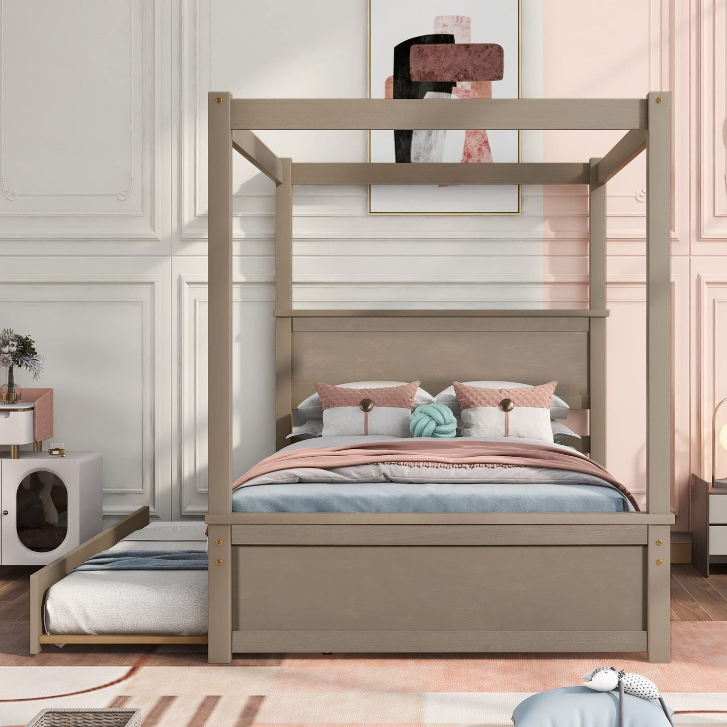 Bellemave Full Canopy Bed with Trundle, 4-Post Wood Canopy Platform Bed Frame with Headboard, No Box Spring Needed (Full Size, Brushed Light Brown)