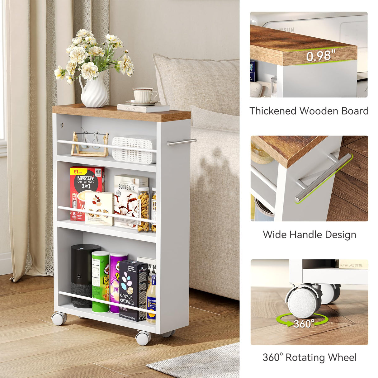 LITTLE TREE 4 Tier Rolling Cart with Wheels, 6.3 Inch Slim Storage Cart, Wooden Snack Cart with Narrow Shelf, White Laundry Room and Bathroom Organizer Shelves LITTLE TREE