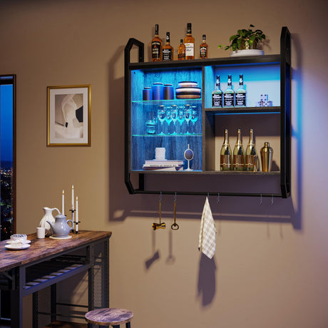 Bestier Gaming Floating Shelves, 34" LED Wall Mounted Shelf with Adjustable Glass Shelf, Pipe Shelves Hanging Display Rack Bookshelf with 6 S-Hook, Gaming Room Decor Wine Coffee Bar Black Bestier