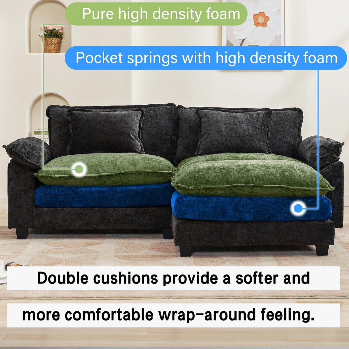 Oprisen Modular Sectional Sofa, Comfy Cloud Couch Sectional Sofa with Ottoman, Chenille Sofa Sleeper Deep Seat Sofa with Throw Pillows for Living Room (Black, 86"- L Shape) Oprisen