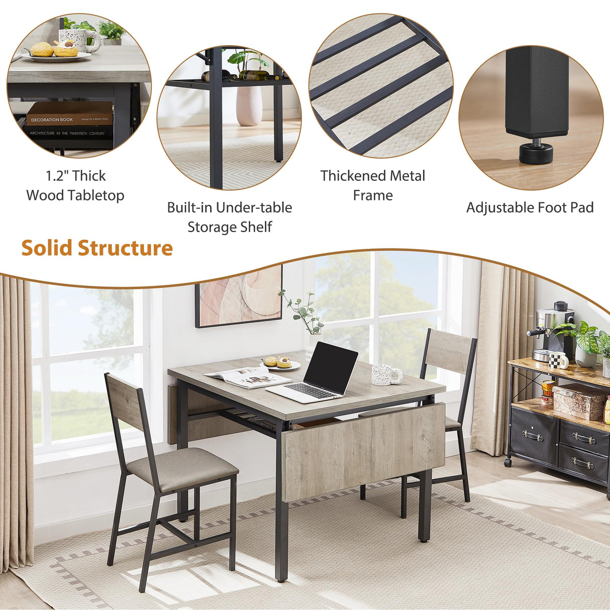 Tmsan 63.2" Folding Dining Table for 4-6 People, Drop Leaf Table with Storage Rack Extendable Kitchen Dinner Table for Small Spaces (Grey) Tmsan