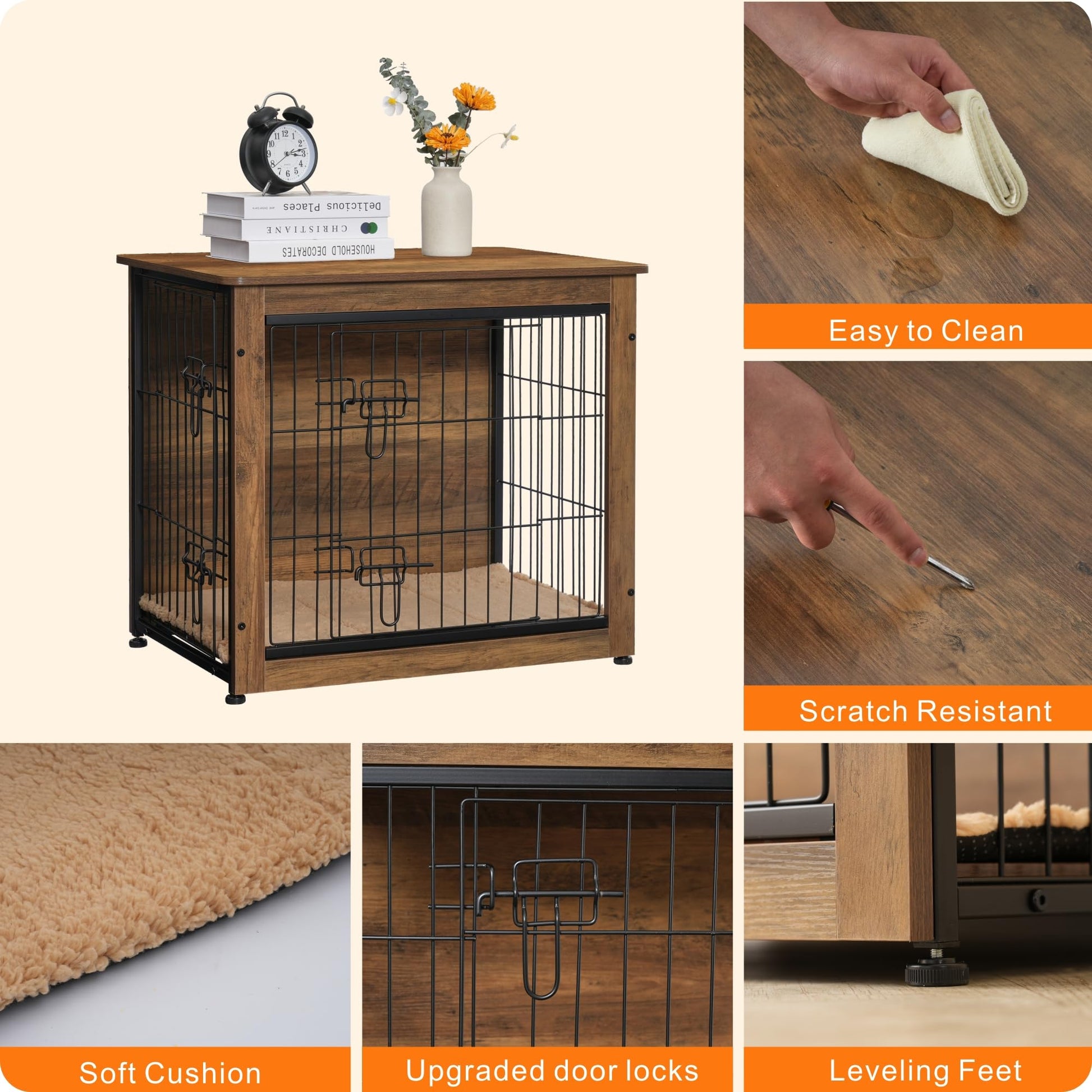 DWANTON Dog Crate Furniture with Cushion, Wooden Dog Crate with Double Doors, Dog Furniture, Dog Kennel Indoor for Small/Medium/Large Dog，End Table, Small, 27.2" L, Warm Brown - WoodArtSupply