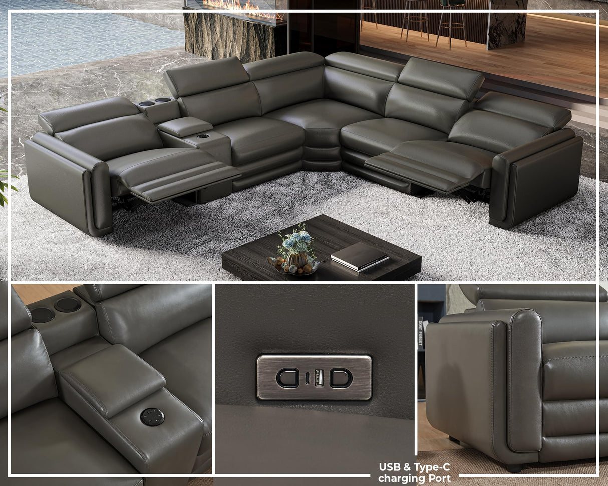 Jocisland Dual Power Recliner, Oversized 5-Seater Sofa with Console, 3 Bluetooth Speakers & Hidden Storage, Modern L Shaped Reclining Couch with 6 Charging Ports - Dark Gray Leathaire Jocisland