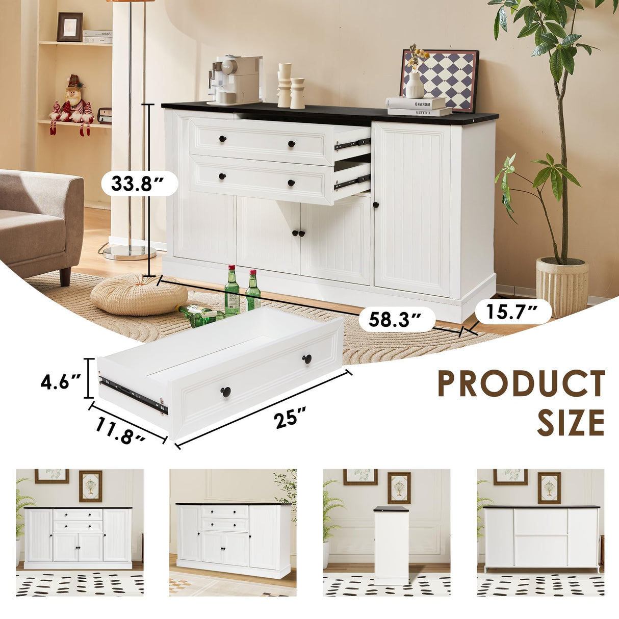 Grepatio 58" Farmhouse Sideboard Buffet Cabinet, Coffee Bar Cabinet with 2 Large Drawers & 4 Grooved Barn Doors, Wood Storage Cabinets for Dinning Room, Kitchen, Living Room, White Grepatio