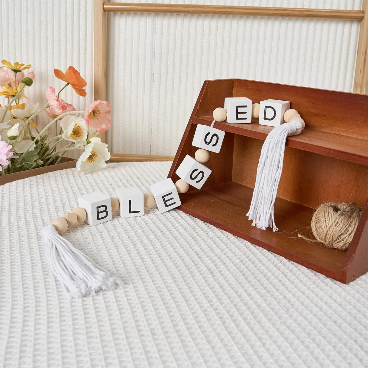 Blessed Letter Block Wood Bead Garland with Tassels, Farmhouse Decorative Beads, Modern Wooden Beads Garland for Tabletop, Tiered Tray, Mantel, Blessed Decor HEYTUYA