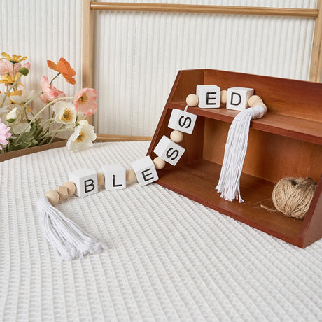 Blessed Letter Block Wood Bead Garland with Tassels, Farmhouse Decorative Beads, Modern Wooden Beads Garland for Tabletop, Tiered Tray, Mantel, Blessed Decor HEYTUYA