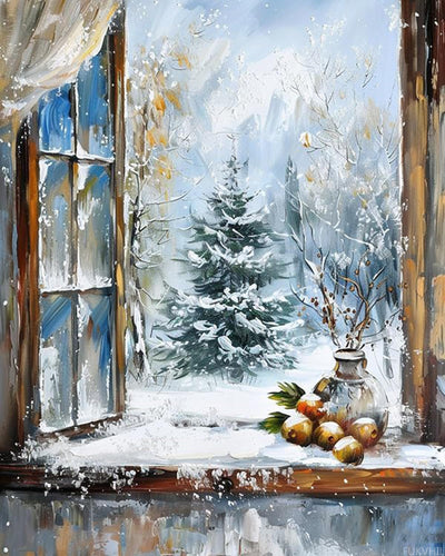 FUKVHIL DIY Canvas Acrylic Paint Kits, Winter Windowsill Snow Scene, Paint by Number Kit for Beginners and Ideal for Home Decor, 40x50cm, Without Frame