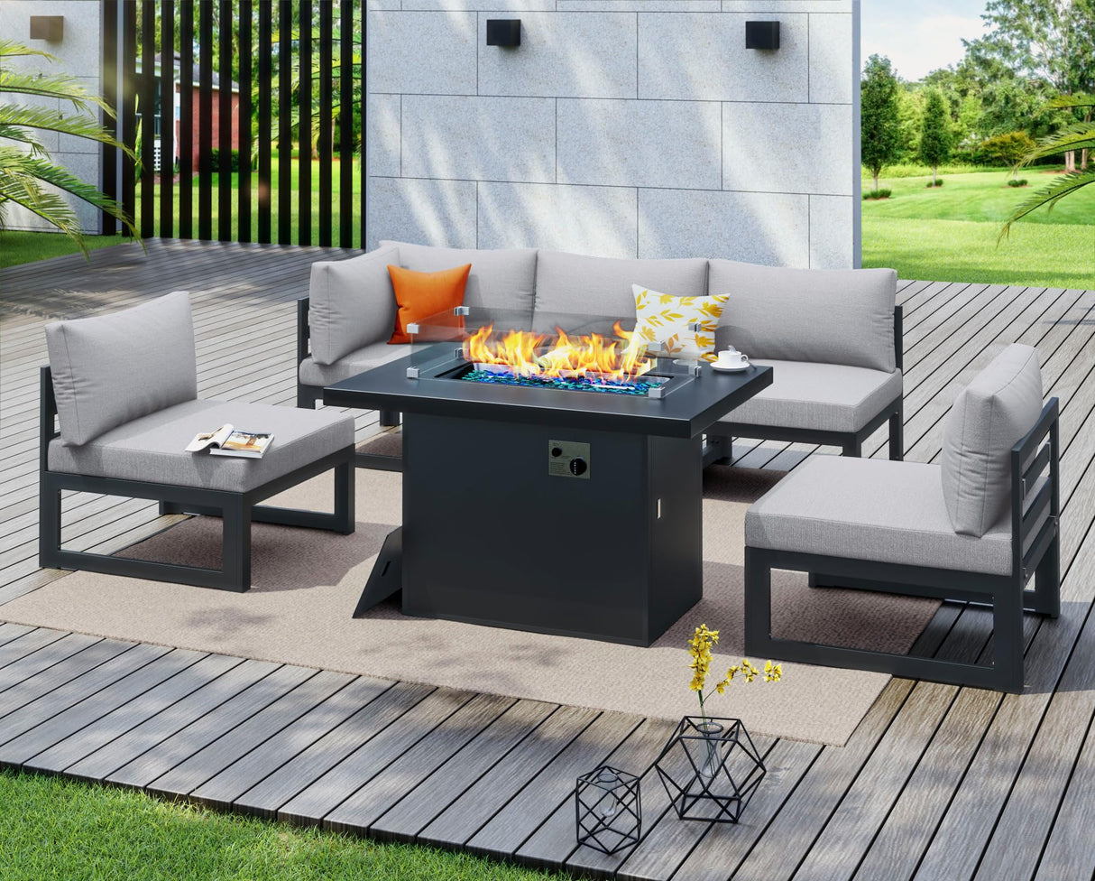 NICESOUL® 6 Piece Extra Large Grey Aluminum Frame Outdoor Patio Furniture Set with Fire Pit Table, 29'' Deep Wide Seating Sofa Conversation, L Shape Modular Sectional Couches for Backyard, Light Grey NICESOUL