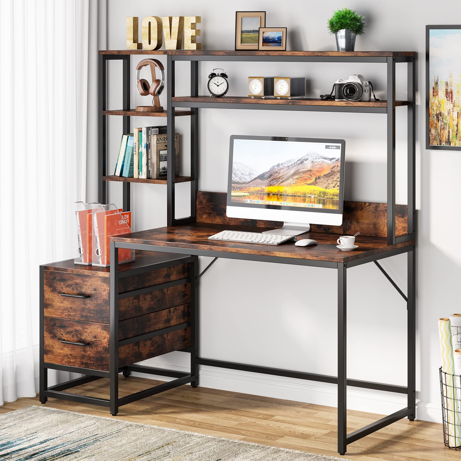 Tribesigns 55 Inch Computer Desk with 2 Drawers and Storage Shelves, Rustic Office Desk with Hutch, Study Writing Gaming Table Laptop Workstation for Home Office (Brown) - WoodArtSupply