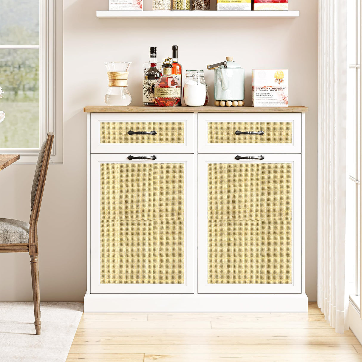 IDEALHOUSE Double Tilt Out Trash Cabinet with Natural Rattan, Hidden Trash Can Cabinet 10 Gallon Storage Holder, Freestanding Garbage Bin Cabinet for Kitchen Dining Living Room IDEALHOUSE