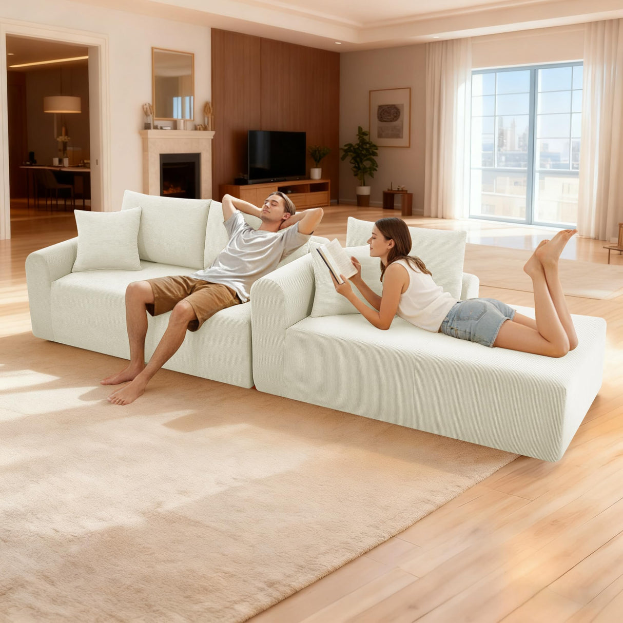 103'' Modular Sectional Sofa Cloud Couch Sectional with L-Shape Chaise, Modern Corduroy Modular Couch Sofa Bed with Throw Pillows, No Assembly Needed for Living Room, Right Facing Chaise, Beige Zyerch