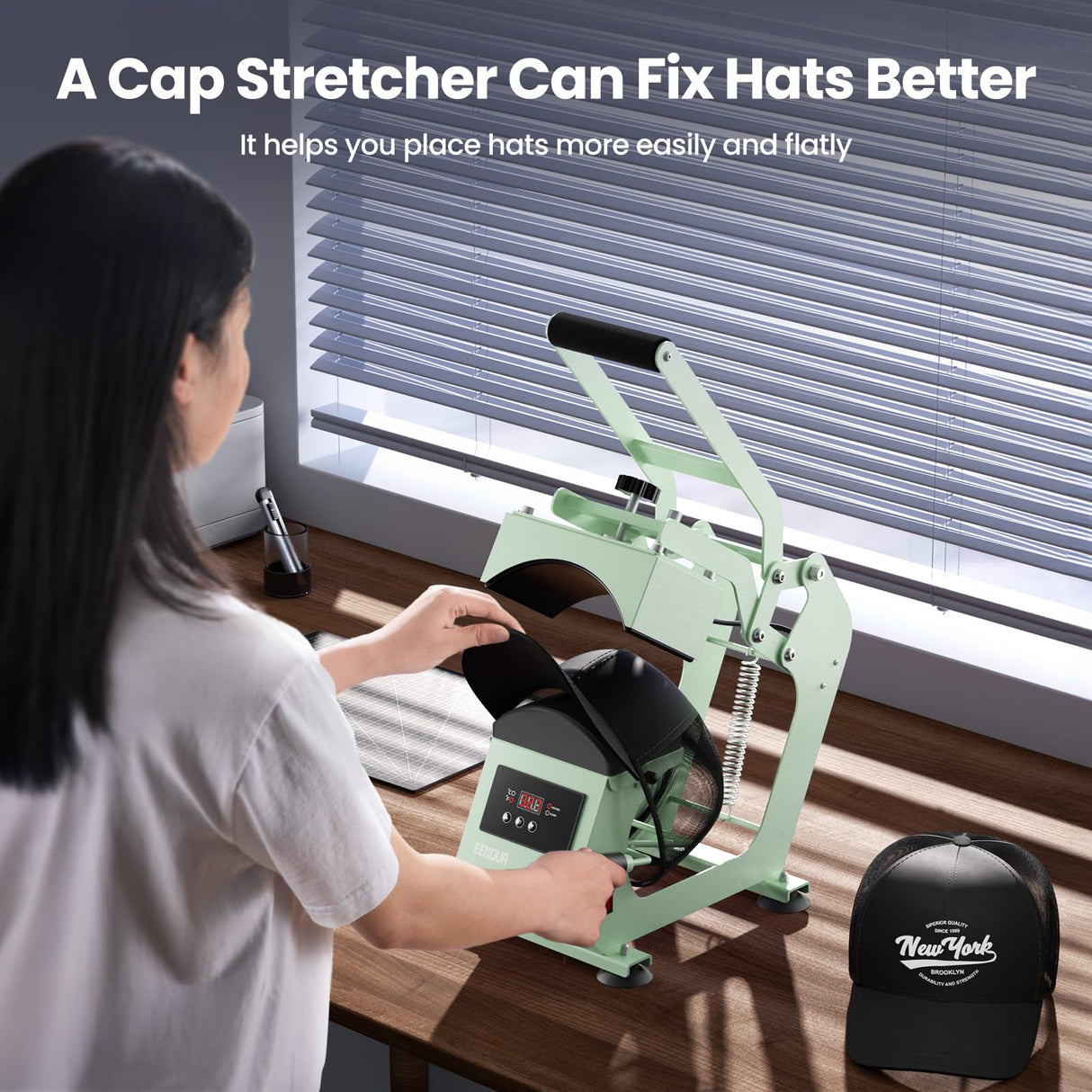 Hat Press Heat Machine for Caps with 2 Platens, Precise Temp&Timer Control, Hat Heat Press with Timer Auto Starter, Sublimation Hat Press for Trucker Hat & Iron on Vinyl, Heat Transfer (Light Green) EENOUR