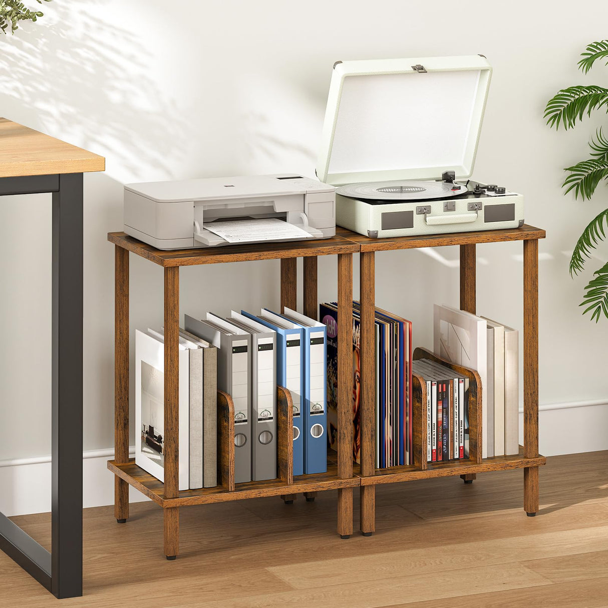 HOOBRO Record Player Stand, 2-Tier End Table, Vinyl Record Turntable Stand with Storage up to 100 Albums, Small Side Table for Living Room, Bedroom, Rustic Brown, FG05RS01 HOOBRO
