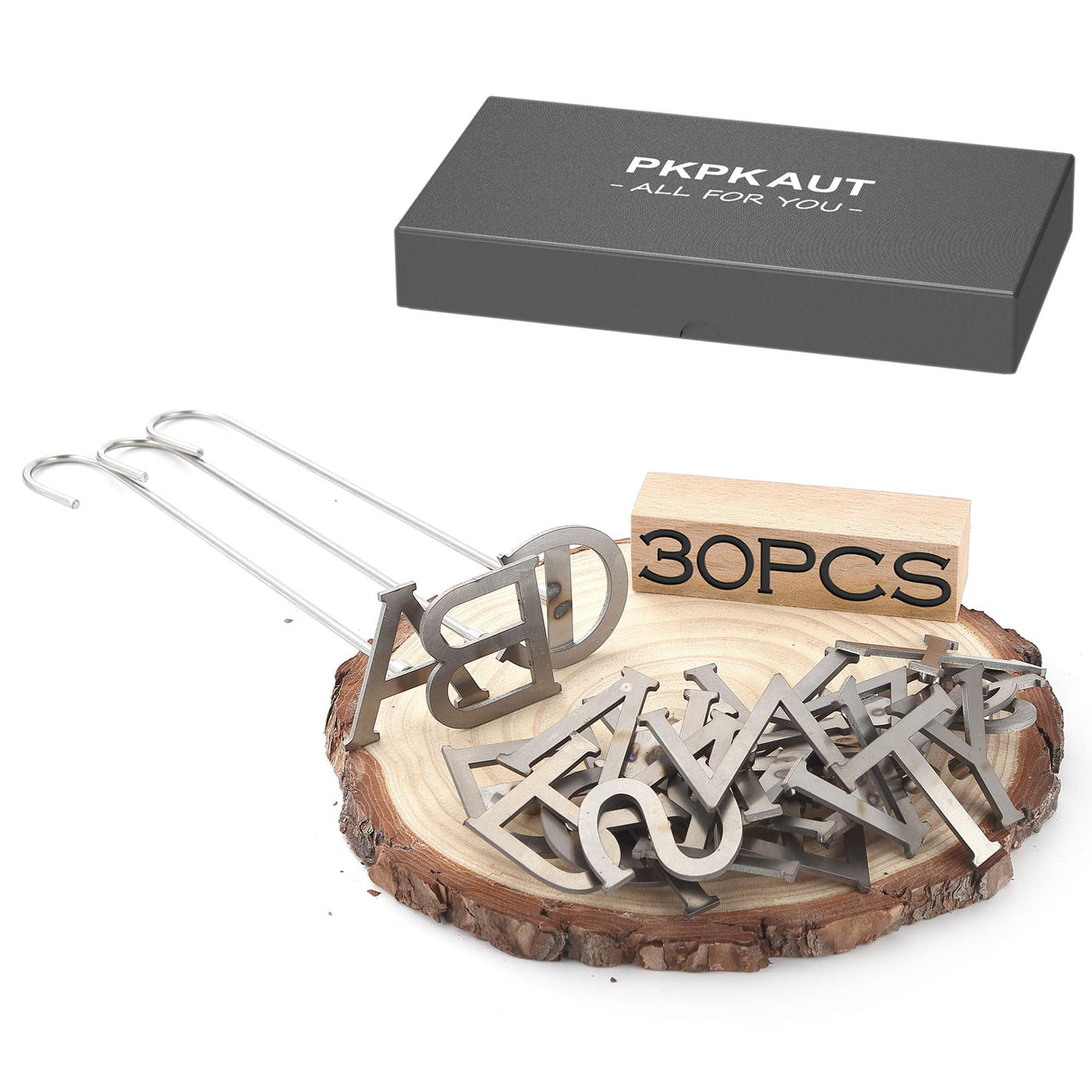 PKPKAUT 30Pcs 2" Letters Custom Wood Branding Iron Personalized for Wood Working, Leather Hats, Steak, BBQ Brander & Bread Logo, Personalized Steak Branding Iron for Food (12" Forged Handle) PKPKAUT