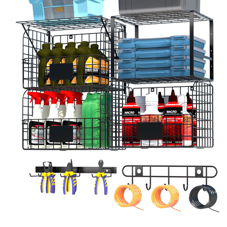 Niovrooro Garage Shelving Wall Mounted with Wire Baskets and Hooks,Basement Hanging Storage and Organizers,Heavy Duty Organization Shelves,Wall Storage Rack Niovrooro