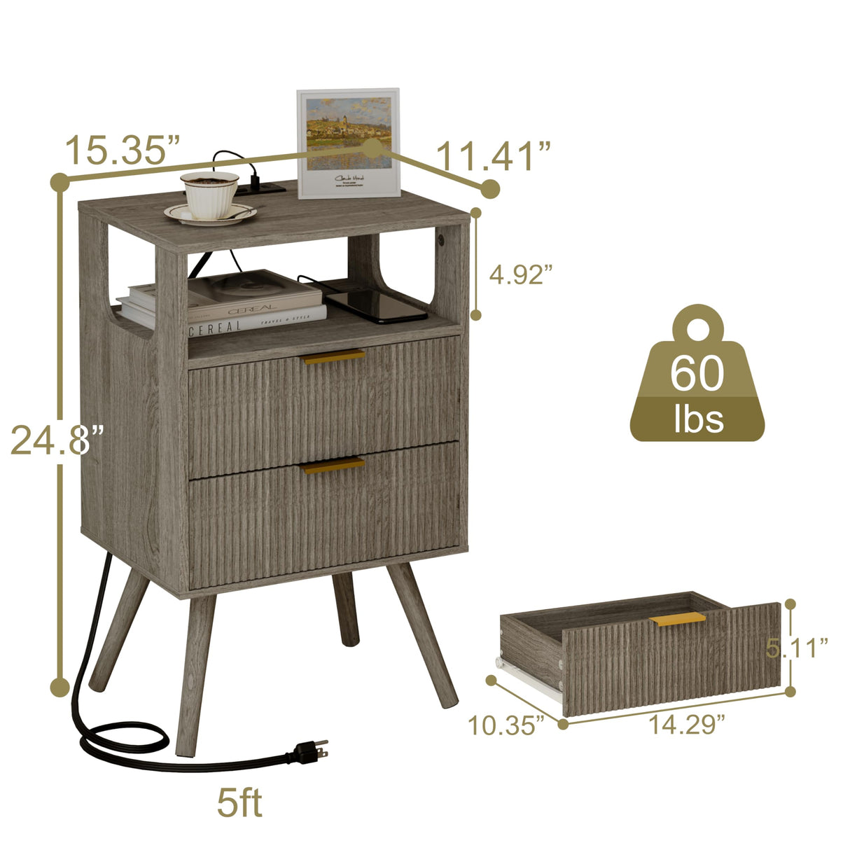 JOONEE Nightstand with Charging Station and LED Lights,Modern Bedside Table with 2 Storage Drawer and Open Wood Shelf, for Bedroom and Small Spaces,Night Stand with Solid Wood Legs,GreyOak JOONEE