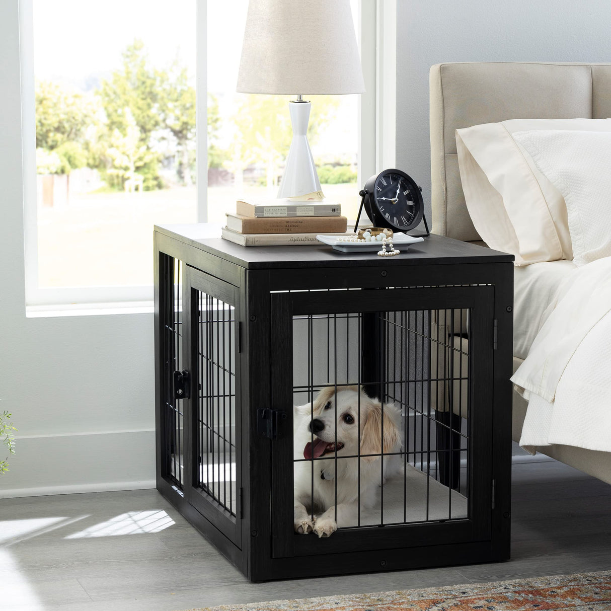 Furniture-Style Dog Crate - Acacia Wood Kennel for Medium Dogs with Double Doors and Cushion - Dog Cage Furniture by PETMAKER (Black) PETMAKER
