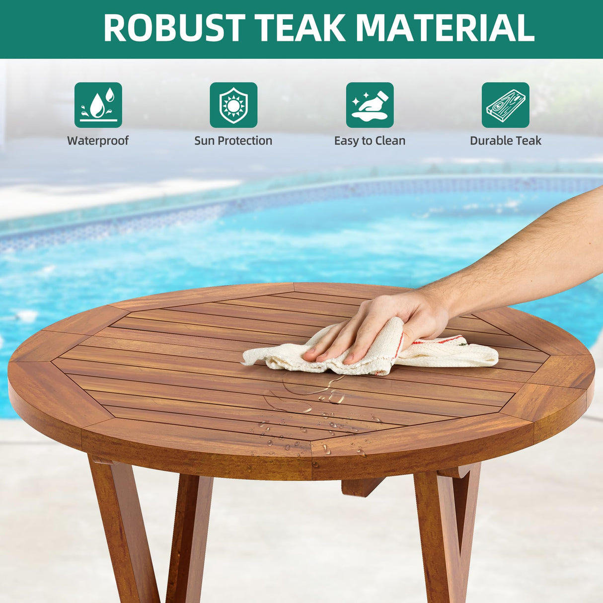 YITAHOME Teak Wood Outdoor Side Table, Patio Folding Round End Table with Metal Buckles and X-Frame, Outdoor Bistro Table Ideal for Backyard Patio Garden Living Room Kitchen, Easy to Carry YITAHOME