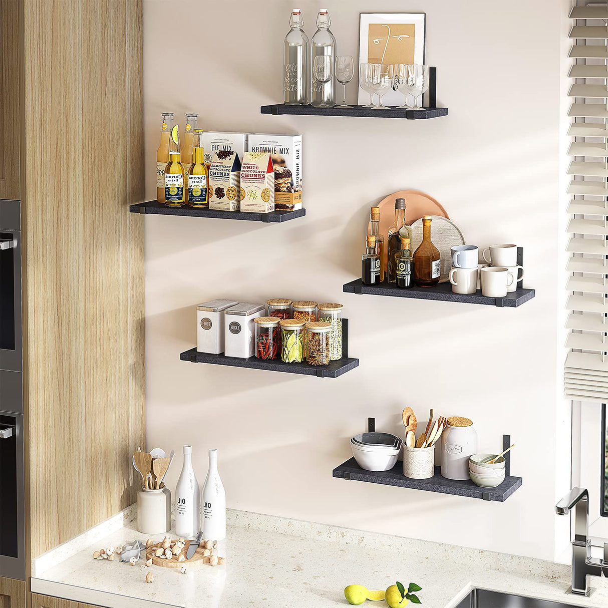 Fixwal Floating Shelves Set of 5, Width 4.7 Inches Black Wall Shelves, Rustic Wood Wall Storage Shelves for Bedroom, Living Room, Kitchen, Bathroom, Home Decor, Laundry Room, Office and Plants (Black) Fixwal