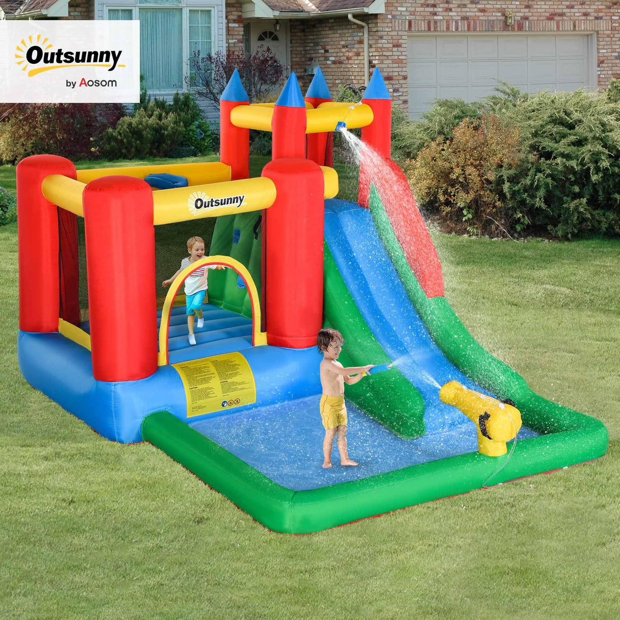 Outsunny 6-in-1 Kids Bounce House Inflatable Water Slide with Pool, Water Cannon, Climbing Wall, Inflator Included, Jumping Castle Kids Backyard Activity Outdoor Water Play Toy Outsunny