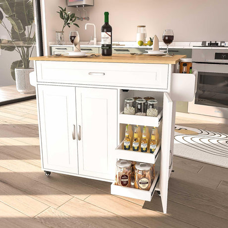 Portable Kitchen Cart with Storage, Rolling Kitchen Island on Wheels with Drop Leaf, Tower Rack, Spice Rack, Cabinet, Drawer, 46.65 x 27.56 x 36 inches, White Samesay