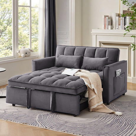 tiramisubest Sleeper Sofa Bed,55'' Convertible Pull Out Couch With Side Pockets,Velvet Fabric Loveseat Sleeper Sofa with Adjustable Backrest for Living Room,Bedroom,Apartment and Small Space, DarkGrey tiramisubest
