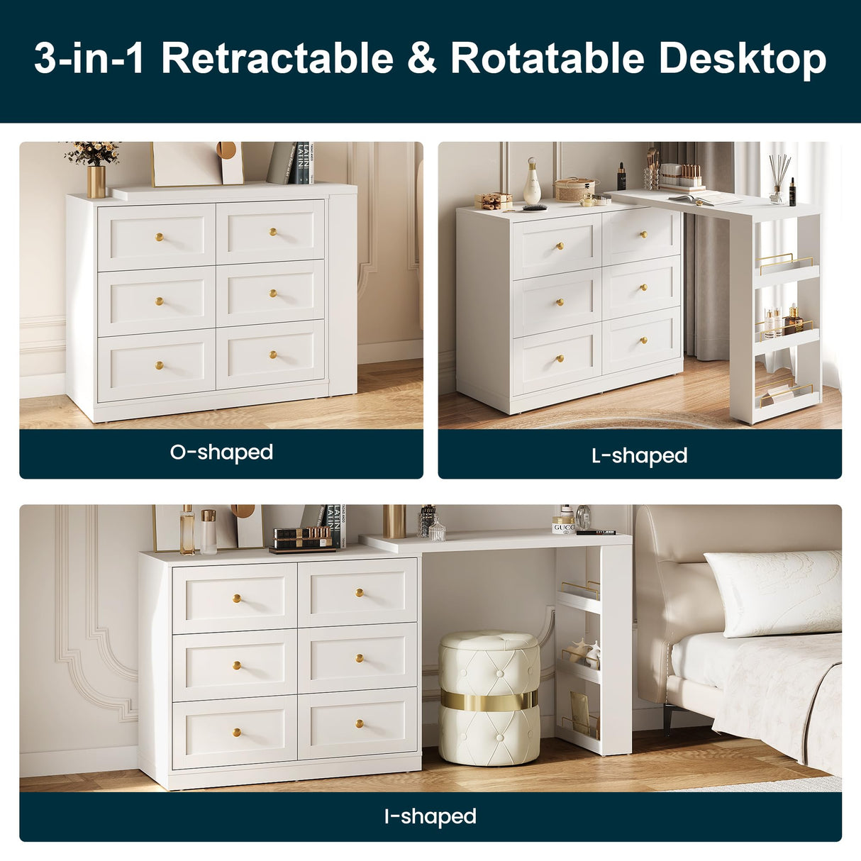 RoyalCraft Vanity Desk and Dresser Combo, 67" L Extendable Big Makeup Vainty with 6 Drawer Dresser and 3 Side Shelves, Wood Corner Vanity for Bedroom, Dressing Table for Women Girlfriend, White RoyalCraft