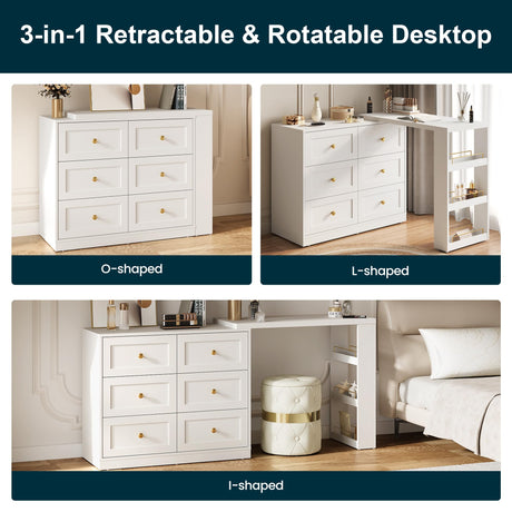 RoyalCraft Vanity Desk and Dresser Combo, 67" L Extendable Big Makeup Vainty with 6 Drawer Dresser and 3 Side Shelves, Wood Corner Vanity for Bedroom, Dressing Table for Women Girlfriend, White RoyalCraft