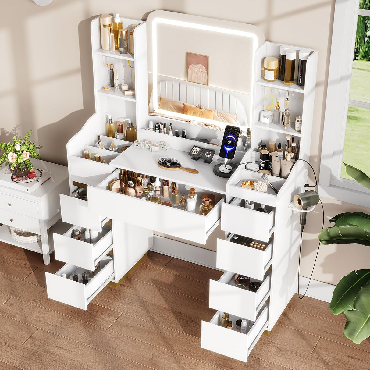 Halitaa Large White Vanity with Lighted Mirror,3 Lighting Modes, 9 Drawers Gold Accent Makeup Vanity Table with Charging Station and 4 Shelves Halitaa