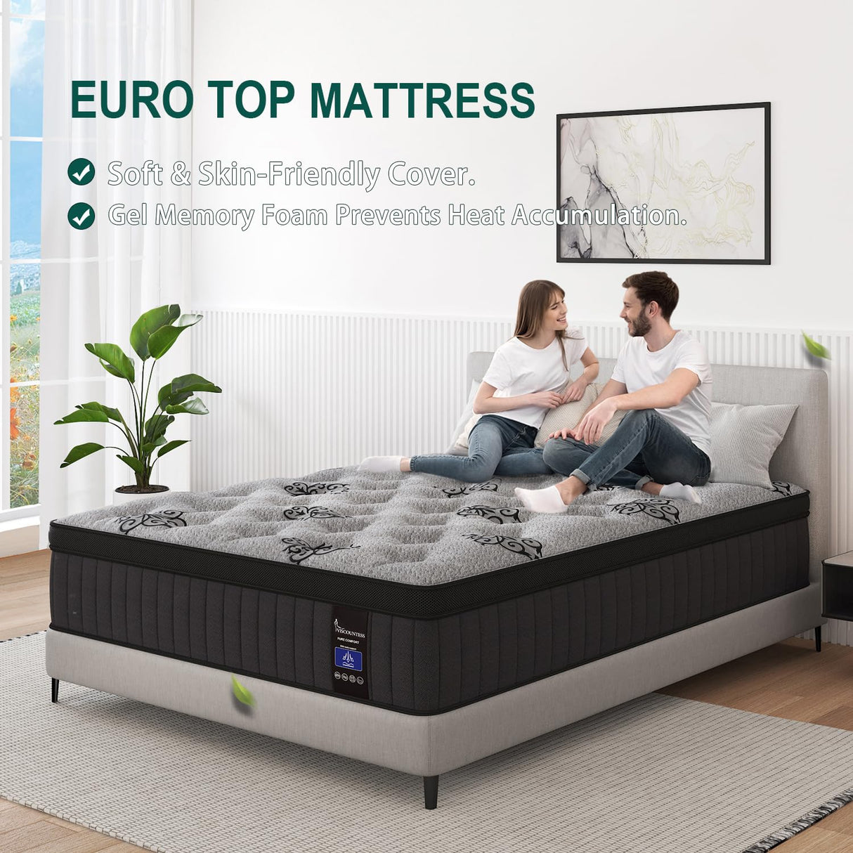 VISCOUNTESS King Mattress, 9 Inch Hybrid Mattresses Bed in a Box with Gel Memory Foam & Pocket Spring, Euro Top, Medium Firm for Back Support & Pressure Relief, Motion Isolation, Grey VISCOUNTESS