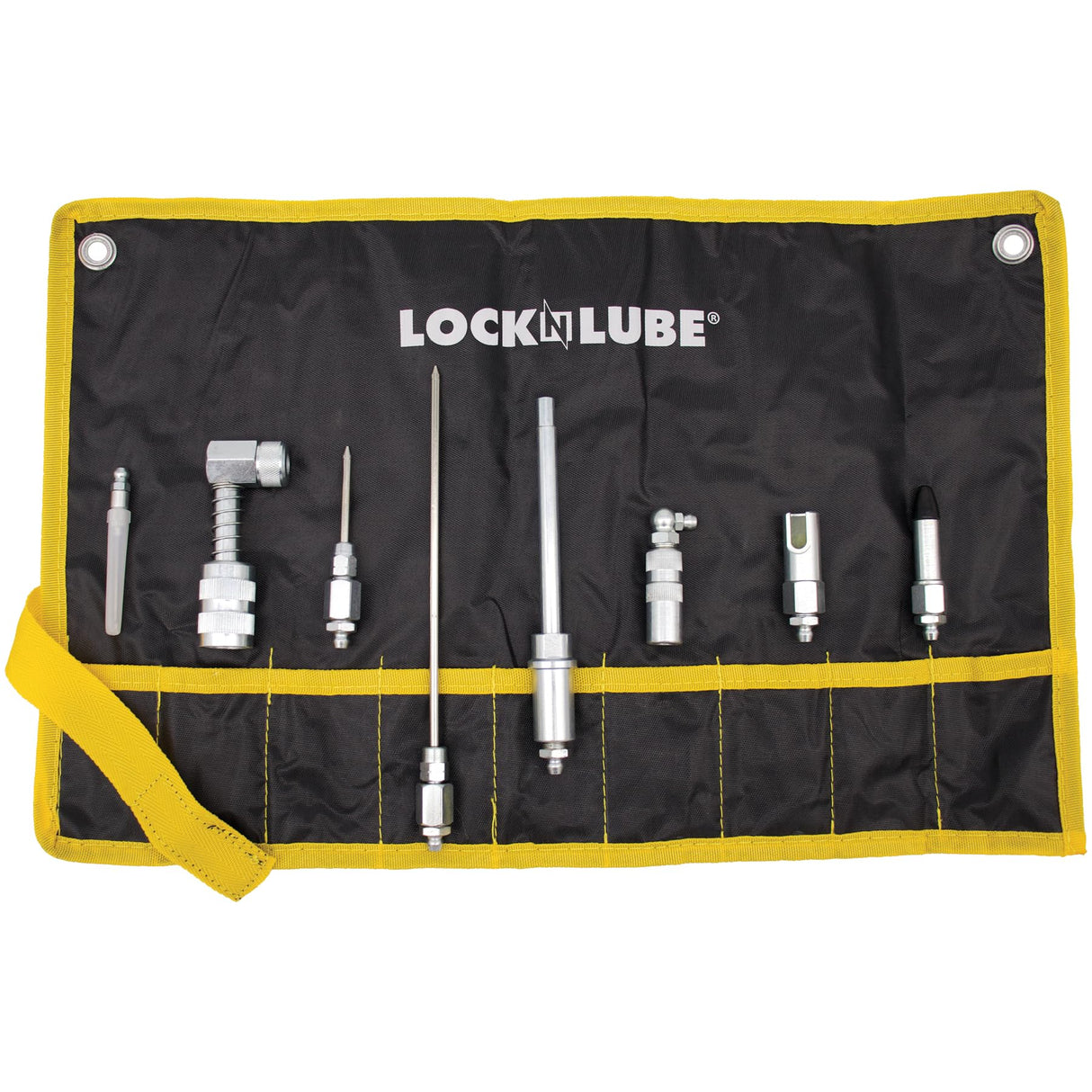 LockNLube 8-Piece Quick Connect Greasing Accessory Kit. Complete grease fitting connection kit. Reach any grease fitting on any machine. The rip-stop case keeps tools clean and portable. LockNLube