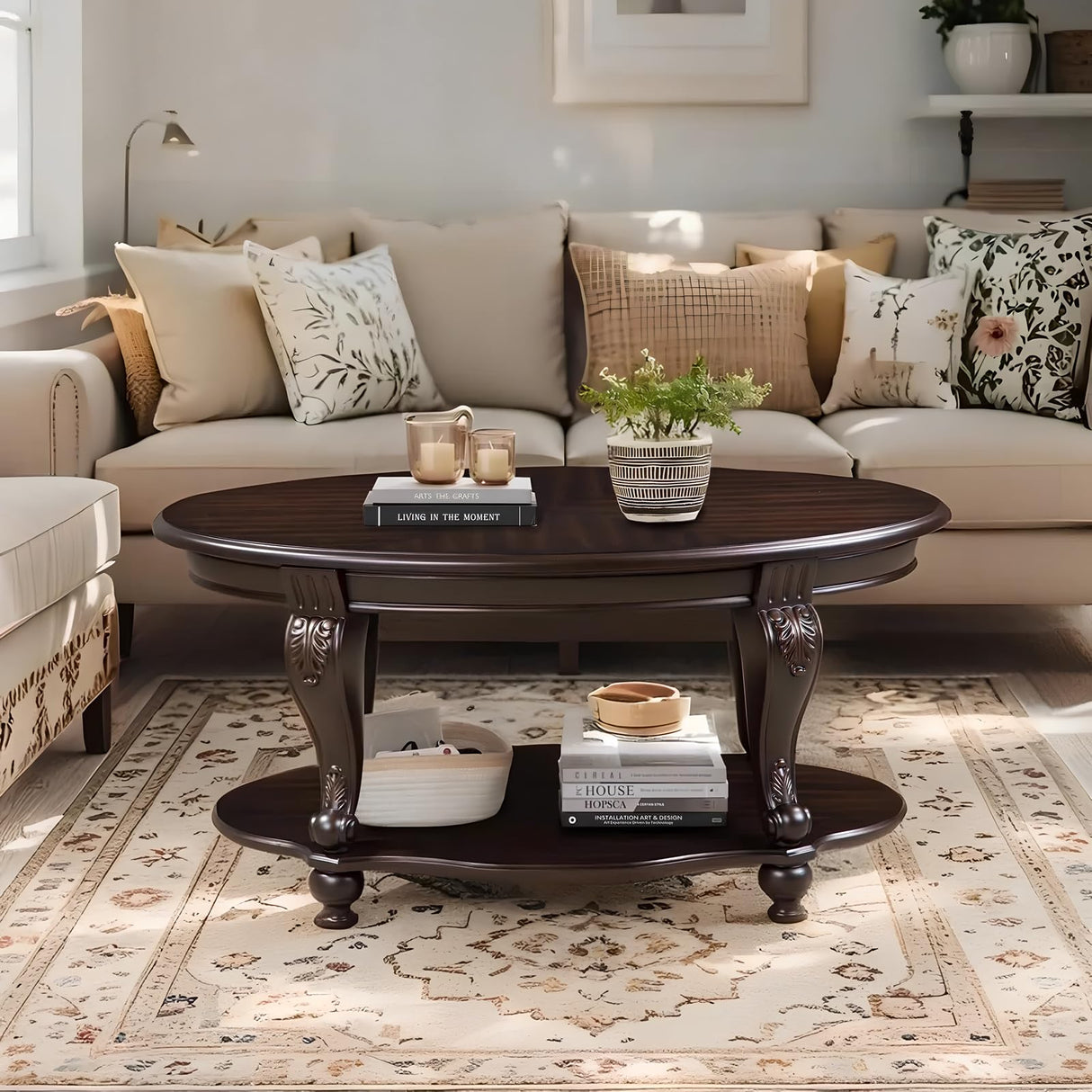 LKTART Oval Coffee Tables for Living Room, Wood Traditional Coffee Table with Elegant Carved Legs and Open Shelf, Vintage Farmhouse Tea Table, Easy Assembly,Espresso LKTART
