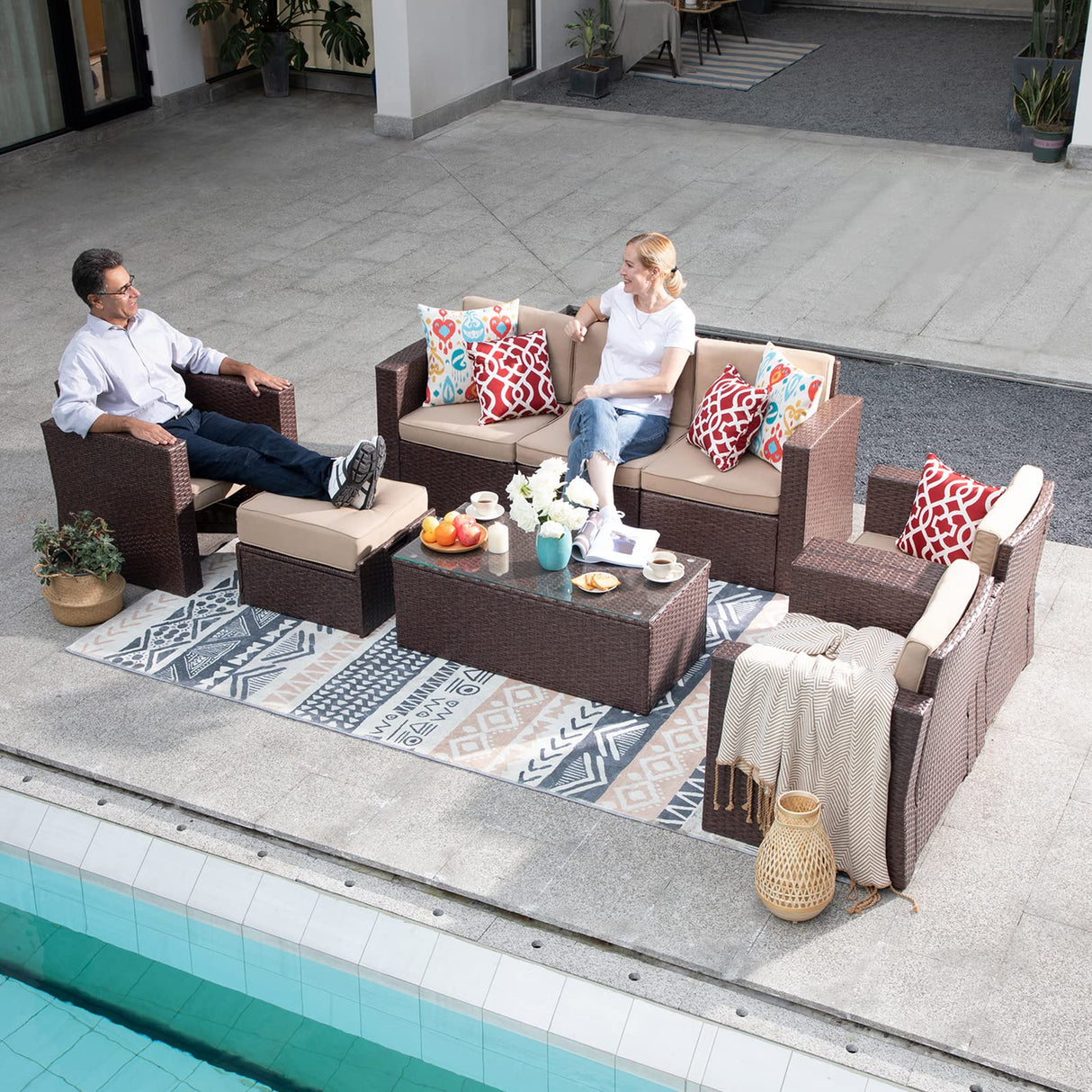 Super Patio 8 Piece Outdoor Patio Furniture Set, Patio Conversation Sets, All-Weather PE Wicker Outdoor Sectional Sofa with Ottoman, Tempered Glass Coffee Table, Three Red Pillows, Espresso Brown Super Patio