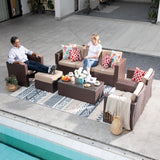 Super Patio 8 Piece Outdoor Patio Furniture Set, Patio Conversation Sets, All-Weather PE Wicker Outdoor Sectional Sofa with Ottoman, Tempered Glass Coffee Table, Three Red Pillows, Espresso Brown Super Patio