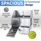 KANIS Professional Stainless Steel Dog Bathing Station - Dog Grooming Tub w/Ramp, Storage Drawer, Floor Grate & Faucet/Dog Bathtub for Large, Medium & Small Pets (50", Left RAMP - 1 Drawer) KANIS