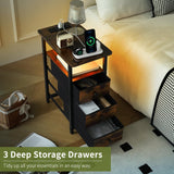 Yoobure End Table with Charging Station, LED Narrow Side Table Bedside Table, Small Night Stand End Tables Living Room, Skinny Nightstand with 3 Fabric Drawers, Side Tables Bedroom for Small Spaces Yoobure