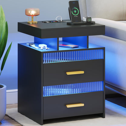 Black Night Stand with Charging Station: All in One Nightstand with Drawers Bedside Table with LED Light & Human Sensor Design Modern End Table for Bedroom Livingroom Office - WoodArtSupply