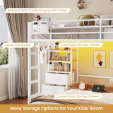 DICTAC Twin Over Full Bunk Bed with 4 Storage Drawers and 3-Tier Open Bookshelf Metal Bunk Bed with LED Lights,Charging Station and Organizer Pegboard,bunk Beds with Safety Guardrail and Ladder,White DICTAC