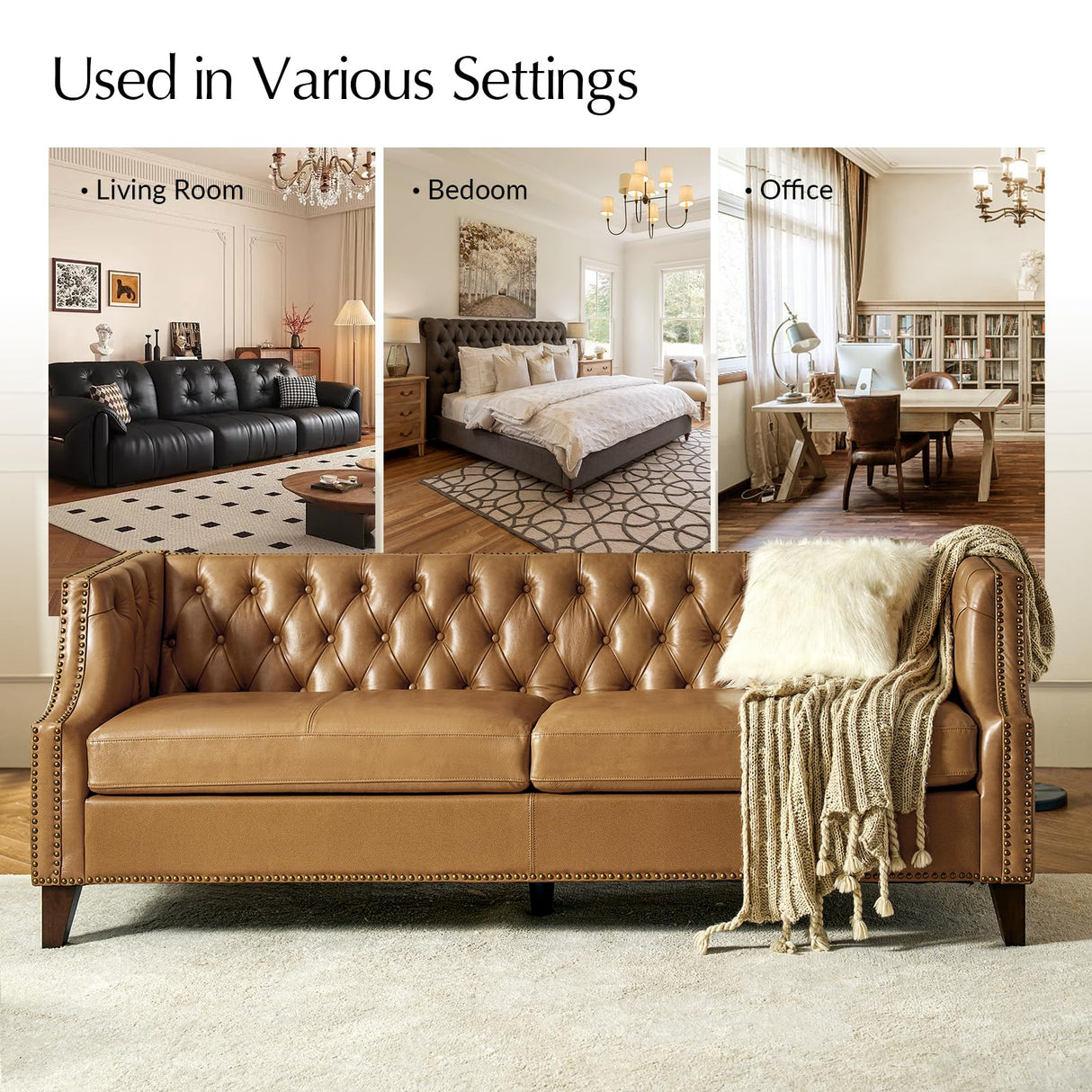 HULALA HOME 84" Genuine Leather Sofa Couch with Solid Wood Legs, Button-Tufted Chesterfield 3-Seater Sofa, Mid Century Modern Upholstered Couch for Living Room, Entertainment Area, Apartment, Camel HULALA HOME